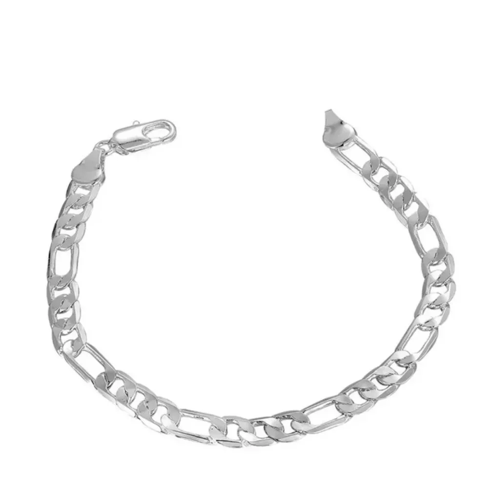 NEW Rhodium Plated 925 Sterling Silver‎ Figaro Chain Bracelet, 8”